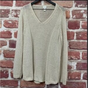 Chicos Sweater Women's XL 3 Cream Sequin Knit V Neck Long Sleeve Pullover
